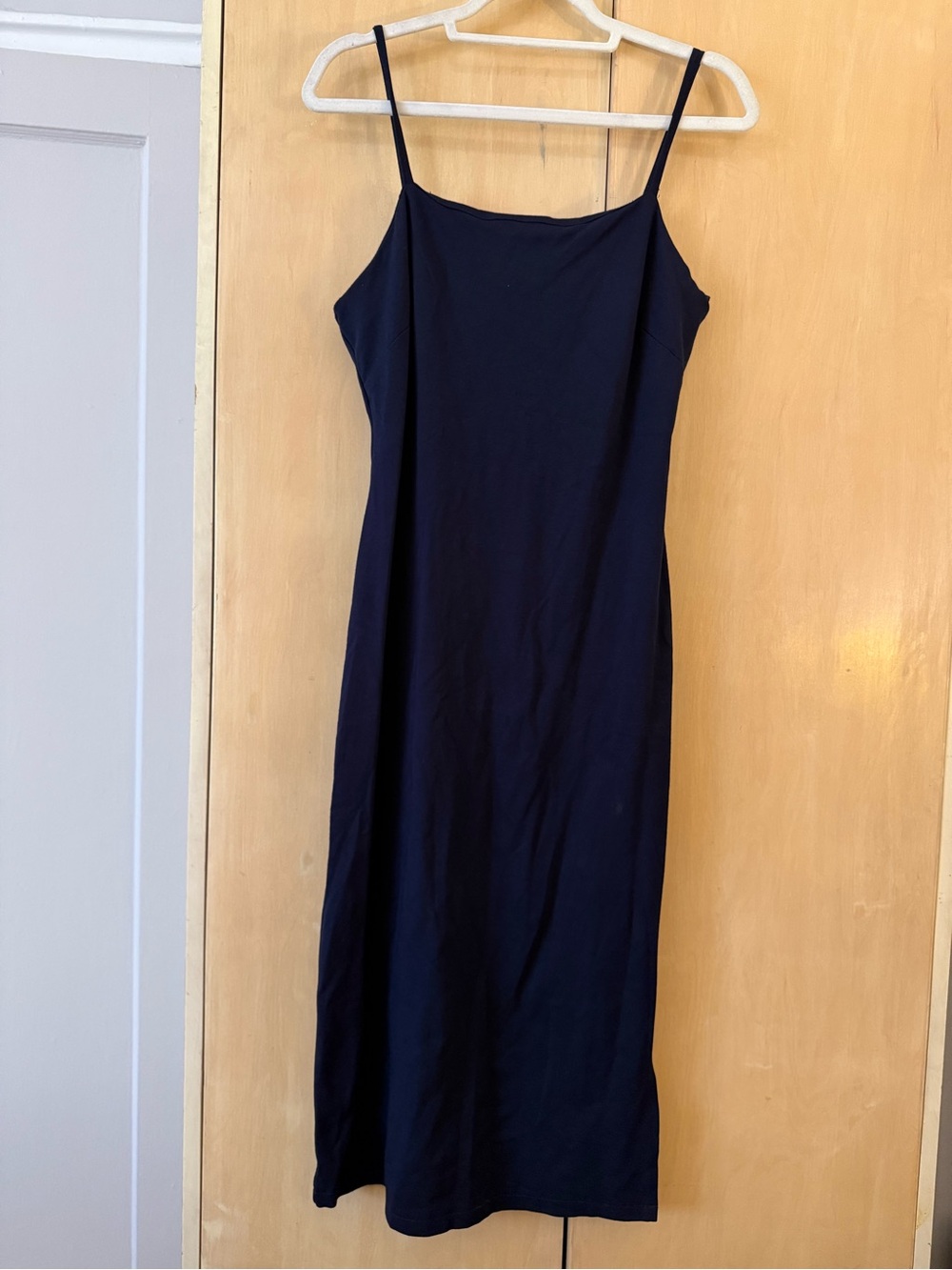 Dee Elly Minimalist Navy Midi Slip Dress with Spaghetti Straps and Side Slit